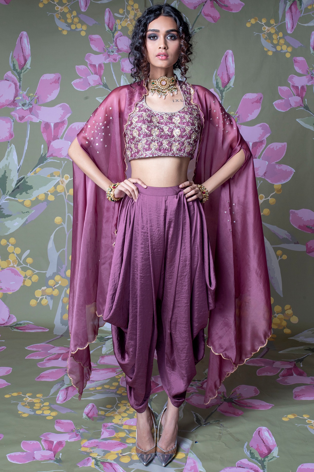 Buy Laurel Green Crop Top In Raw Silk With Dhoti Pants And Long Embroidered  Jacket Online - Kalki Fashion